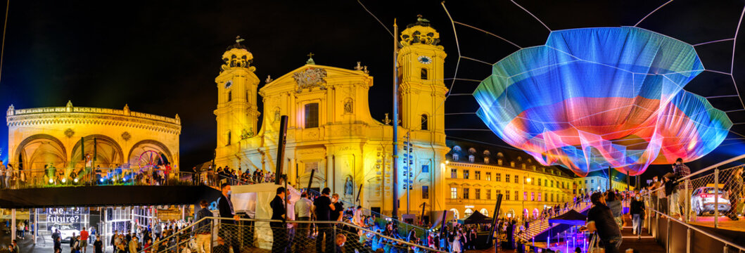 Munich, Germany - September 10,2021:Audience at the Mercedes-Benz booth at the IAA (Internationale Auto Ausstellung - translation: international car exhibition) trade fair and Art Net "Earthtime 1.26"