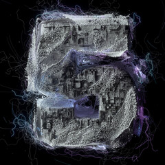 3d render of abstract art of surreal cyber technology industrial font type big number five 5 in rough iron metal with transistors and microchips on surface with small balls neon lines around