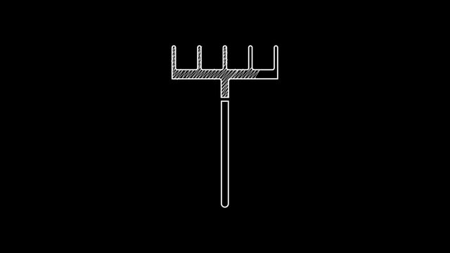 White line Garden rake icon isolated on black background. Tool for horticulture, agriculture, farming. Ground cultivator. Housekeeping equipment. 4K Video motion graphic animation