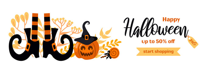 Happy halloween sale. Bright vector horizontal banner in cartoon style. Pumpkin jack-o-lantern, witch hat, striped stockings, shoes, lollipop, autumn leaves. For advertising banner, poster, flyer.