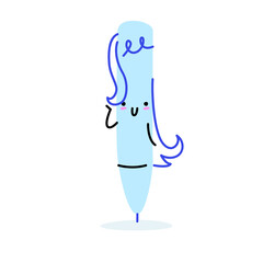 A funny character from school or office. Cute pen girl with long hair. She smiles and is embarrassed. Simple illustration with bright colors