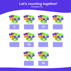 Halloween counting game for children. Counting in 5s. Cute Halloween item worksheet. Preschool Math worksheet. Educational printable math worksheet. Vector illustration in cartoon style.