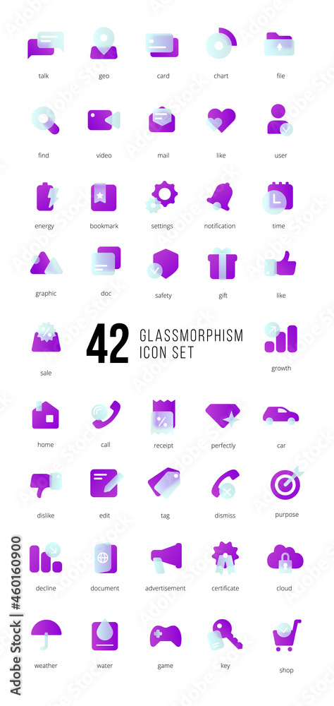 Fototapete A set of purple vector icons of modern trend in the style of glass morphism with gradient, blur and transparency. The collection includes 42 icons in a single style of business, finance, UX UI