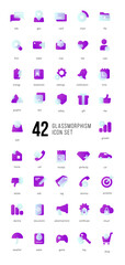 A set of purple vector icons of modern trend in the style of glass morphism with gradient, blur and transparency. The collection includes 42 icons in a single style of business, finance, UX UI