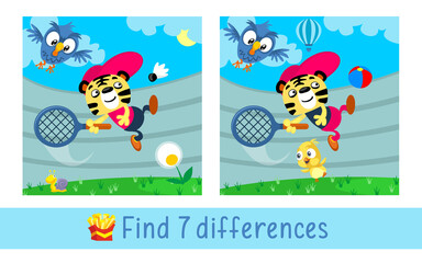 Сute tiger cub plays tennis at stadium. Find 7 differences. Game for children. Activity, vector.
