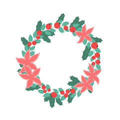 Christmas wreath with red berries, green leaves and flowers isolated vector illustration. New year festive decoration.
