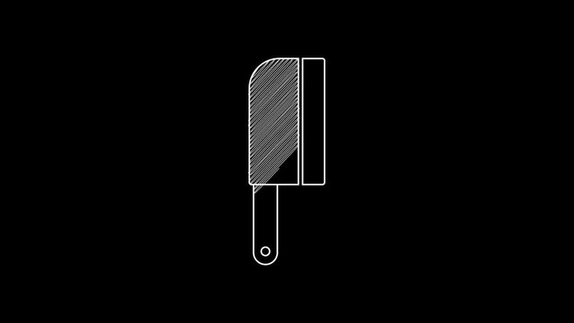 White line Meat chopper icon isolated on black background. Kitchen knife for meat. Butcher knife. 4K Video motion graphic animation