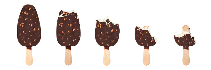 Delicious glazed ice cream on white background, collage. Banner design