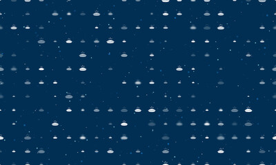 Seamless background pattern of evenly spaced white hot pie symbols of different sizes and opacity. Vector illustration on dark blue background with stars