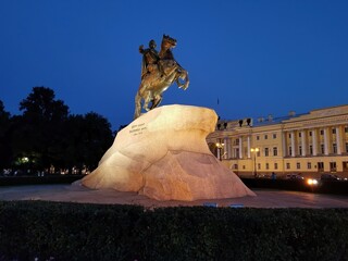 The famous "Bronze Horseman", a monument to Peter The Great in Saint Petersburg, illuminated at night
