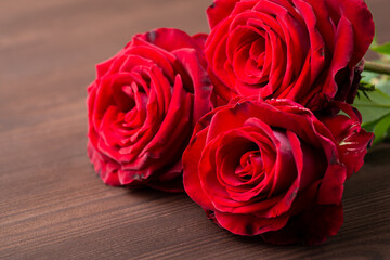 Three red roses in full bloom on dark wooden table. Close-up of small bouquet of roses