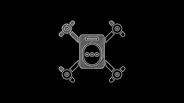 White line Drone flying with action video camera icon isolated on black background. Quadrocopter with video and photo camera symbol. 4K Video motion graphic animation