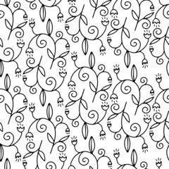 Seamless vector black and white pattern of ornamental lined white abstract flowers