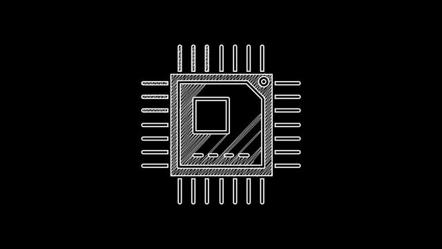 White line Computer processor with microcircuits CPU icon isolated on black background. Chip or cpu with circuit board sign. Micro processor. 4K Video motion graphic animation
