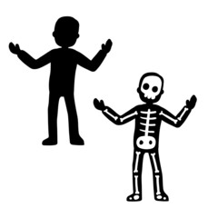 Silhouette of person. Human skeleton. Anatomy and Halloween. Character gestures. Electric shock and X-ray.