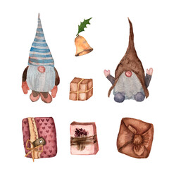 set of Christmas gnomes and gift boxes, watercolor illustration - 460163394