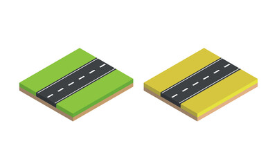 Isometric pieces of asphalt road with markings. Autobahn, vector 3d clip art.