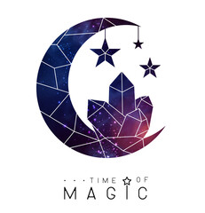 Modern magic witchcraft card with crescent and crystal . Magic crescent with Crystal  with space background inside. Vector illustration © annbozhko