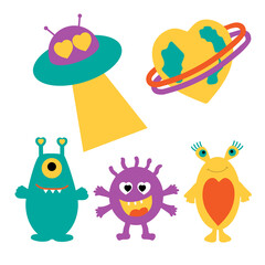 Cartoon colorful set of alien monsters from their planet and a flying saucer. Isolated vector illustration.