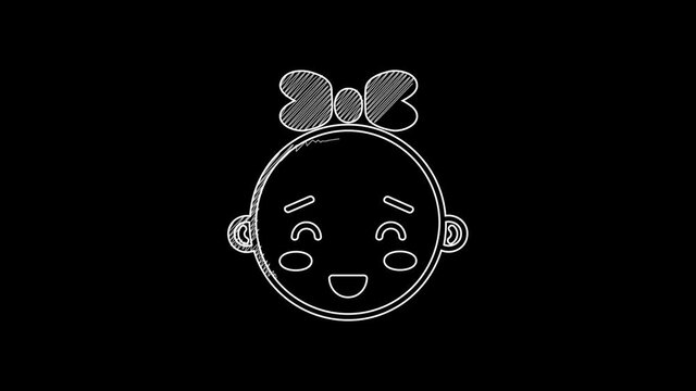 White line Happy little girl head icon isolated on black background. Face of baby girl. 4K Video motion graphic animation