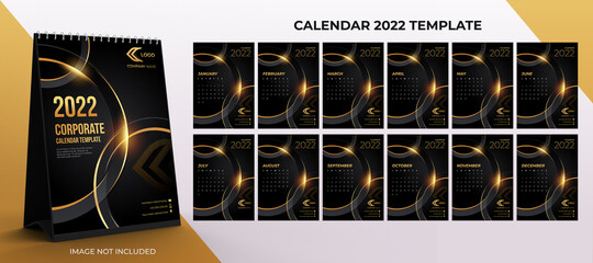 2022 desk calendar corporate template. Set of 12 months  with black gold color background Vector illustration