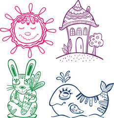 Freehand drawing vector abstract 
funny set children's print. Sun, house, hare, whale. Outline imagination graphic arts. Fantasy ornamental. Template pattern eps  image  for textile, coloring      