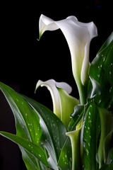 White calla flower with green leaves with black background
