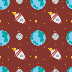 A space rocket flies near the earth and the moon on a red background.