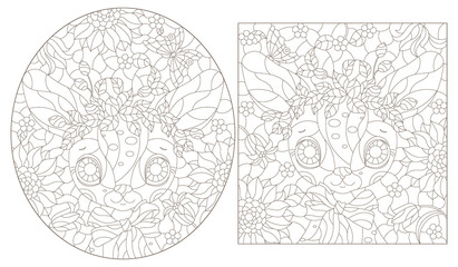 A set of contour illustrations in the style of stained glass with cute cartoon fawns, dark contours on a white background