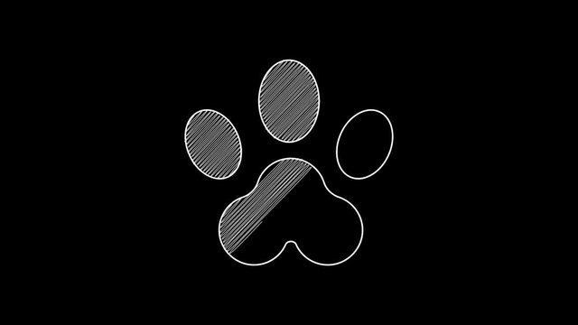 White line Paw print icon isolated on black background. Dog or cat paw print. Animal track. 4K Video motion graphic animation