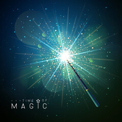 Magic wand with blue neon glowing star. Vector illustration - obrazy, fototapety, plakaty