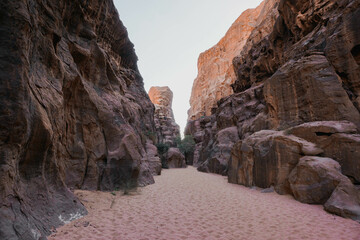 gorge in the Wadi Rum desert, beautiful relief red mountains, Jordan