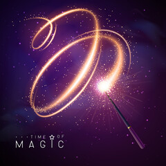 Magic wand with golden neon glowing shiny spiral trail. Vector illustration © annbozhko