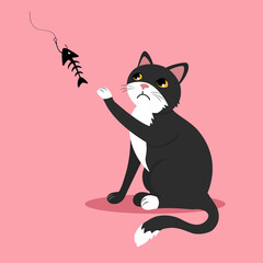 Vector illustration depicting a black cat with a white breast. Domestic pet, kitten catches fish. Fish skeleton on a fishing rod. Cute kitty on pink background in flat style