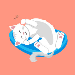 Vector illustration depicting a white cat. Domestic pet, kitten sleeps on a pillow. The cat lies on a blue couch. Cute kitty on orange background in flat style