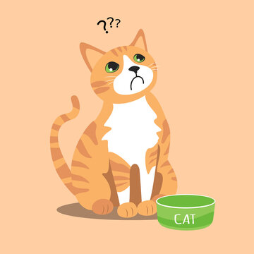 Vector illustration depicting a ginger tabby cat with a white breast. Domestic pet, kitten sits near an empty bowl. Hungry cat. Cute kitty on beige background in flat style