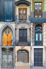 nine wooden doors with beautiful decorative finishing in the historical part of different cities of the world