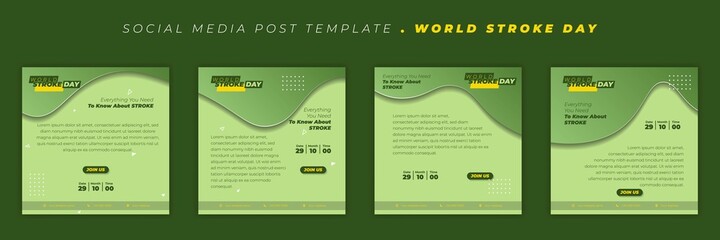 Set of social media post template with green color. World Stroke Day template design.