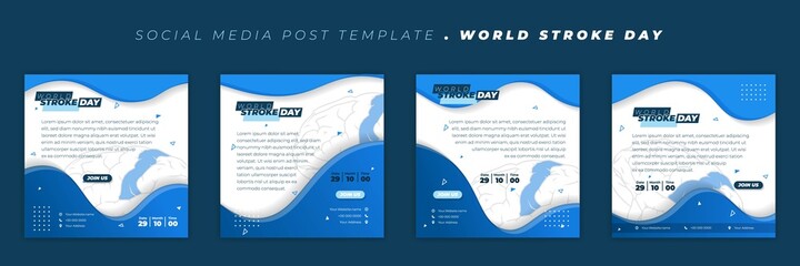 Set of social media post template with Blue background and transparent of brain line art design. World Stroke Day template design.