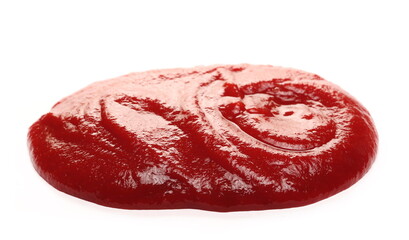 red ketchup splashes isolated on white background, tomato pure texture