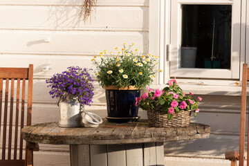 Flowers on a small table outside a house.