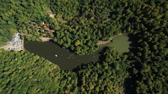 Aerial view of a small mountain lake . Lake Parz, Armenia.