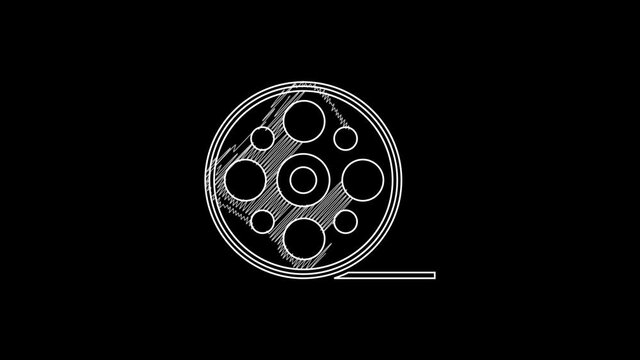 White line Film reel icon isolated on black background. 4K Video motion graphic animation