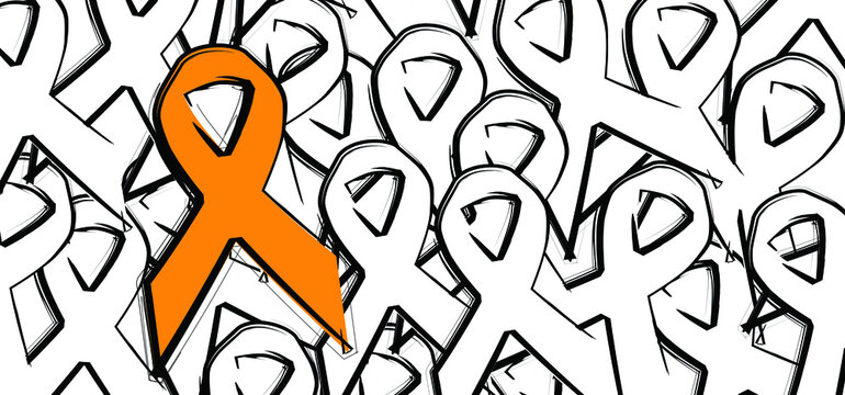 Orange ribbon awareness month. World Kidney Day and symbol of leukemia, RSD, ADHD and animal abuse concept. Cancer pictogram. Flat vector. Healthcare and medicine concept. 