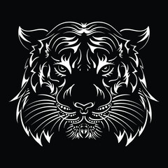 The Vector logo tiger or lion head for tattoo or T-shirt design or outwear.  Hunting style big cat print on black background. This hand drawing is for black fabric or canvas.