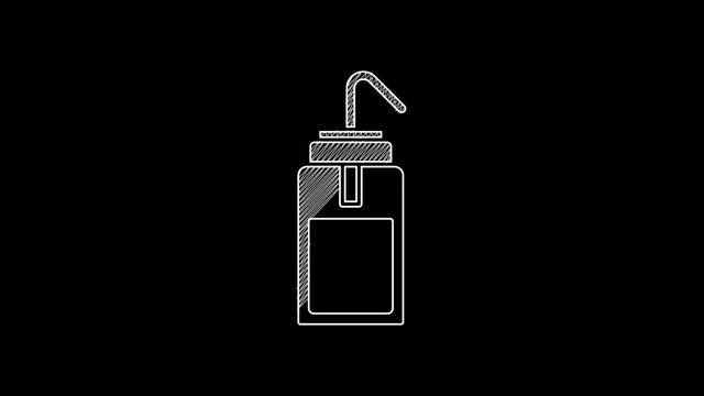 White line Laboratory wash bottle for chemistry and science lab icon isolated on black background. Equipment for spraying water and solvents. 4K Video motion graphic animation