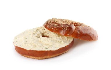 Delicious fresh bagel with cream cheese on white background