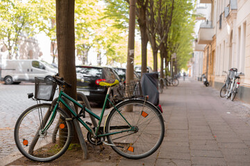 Fototapeta premium Bicycle parking in Europe. Popular urban transport
