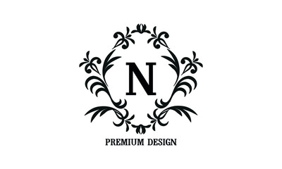 Exquisite company brand sign with letter N. Black and white logo for cafe, bar, restaurant, invitation, wedding. Business style