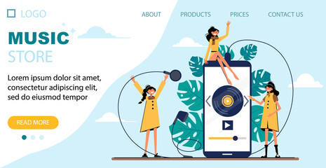 Music Streaming Illustration for landing page with pretty women and smartphone. Vector illustration.